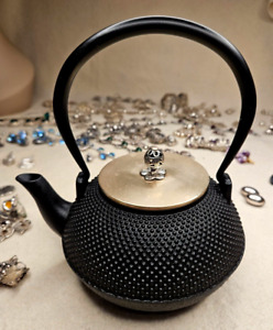 Antique Tetsubin Japanese Arare Cast Iron Teapot With Bronze Copper Brass Lid