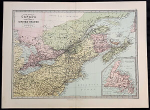 1870 John Bartholomew Large Antique Map Of New England Great Lakes Canada Nfl