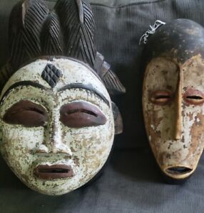 Lot Of 2 Tribal African Wooden Masks Punu Gabon And Lega