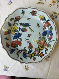 Antique French Delft Polychrome Faience Decorative Plate Colorful Flowers 17th C