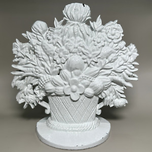 Vintage White Painted Cast Iron Basket Of Flowers Doorstop