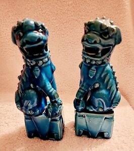 Vintage Chinese Porcelain Foo Dogs Turquoise Blue Glaze Fu Dog Statues