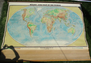 Vintage 1963 Relief Like Map Of The World Huge 8 0 Wide Pull Down School Map