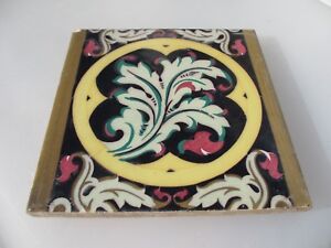Large Vintage Spanish Ceramic Tile Old Colourful Ornate Gilt Leaf Design 8 