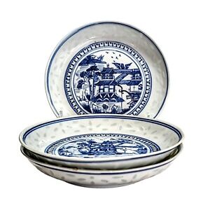 3 Antique Chinese Canton Village Blue White Rice Grain Signed Plates 5 5 