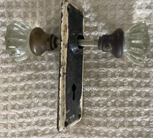 Antique 12 Point Crystal Glass Brass 2 Door Knobs W Art Deco Design Lock Set