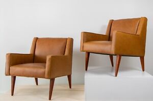 1950s Edward Wormley For Dunbar Pair Of Leather Lounge Chairs No 603 Mrs Chair