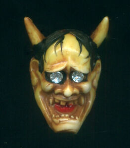 50 S Japanese Celluloid Netsuke Demon Hannya Noh Mask With Rhinestone Eyes