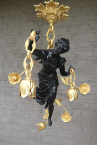 Vintage French Bronze Brass Nymph Lady Figural Chandelier Lamp Rare