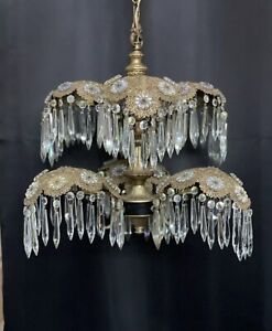 Antique Art Deco Nouveau Palm Frond Crystal Brass Filigree Chandelier Gothic