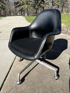 Rare Black Leather High Back Fiberglass Shell Chair Eames Herman Miller