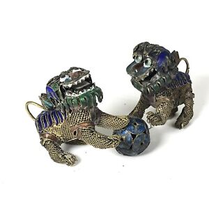 Antique Chinese Sterling Silver Enamel Movable Foo Dog Figurine Pair