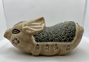 Antique Middle Eastern Ornate Clay Pottery Pig Piggy Bank