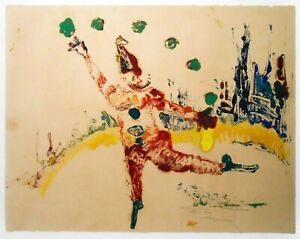 P Moore Usa 20th C Sgnd 1973 Juggling Clown W Pipe Color Monotype Print Frmd