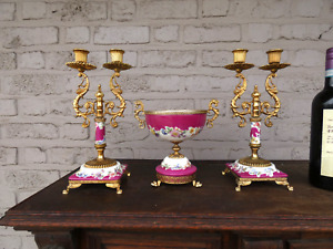 Vintage Italian Porcelain Dragons Floral Set Candle Holders Bowl Vase Marked