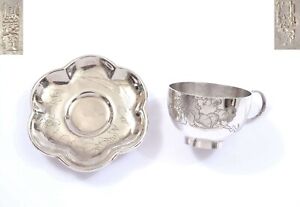 1930 S Chinese Solid Silver Tea Cup Saucer With Flowers Marked