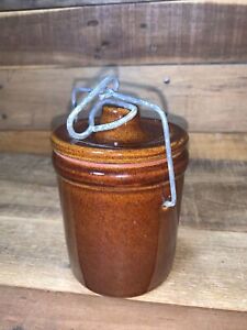 Vintage Brown Glazed Stoneware Pottery Cheese Crock Wire Baler Lid 5 