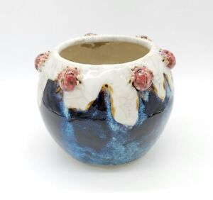 Rare Japanese Sumida Gawa Red Crab Squat Vase White Crackle Glaze Over Blue