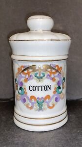 Vintage Antique Porcelain Cotton Apothecary Jar With Lid Gold Detail