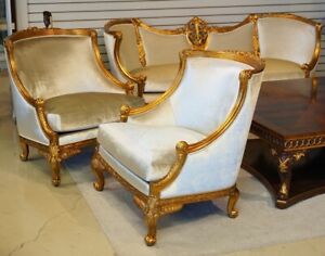 Pair Of 2 French Gold Gilded Traditional Carved Arm Lounge Chairs White Velvet