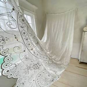 Antique Tambour Lace Sheer Curtain Panel 1800s White Lacework Cotton Large Scal