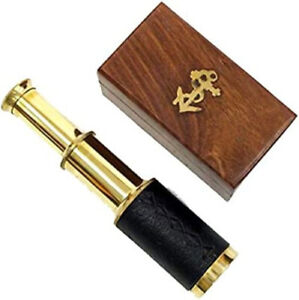 6 Brass Handheld Telescope With Wooden Box Pirate Navigation With Anchor Wood