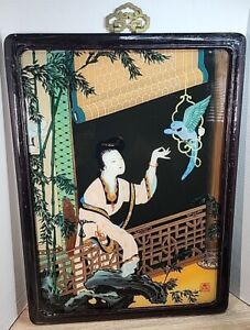 Vintage Reverse Glass Painting Chinese Geisha Girl And Bird Hand Made 24 X 17 