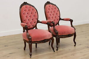 Pair Victorian Antique Carved Rosewood Tufted Velvet Chairs 47509