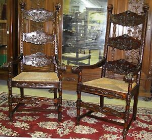 Antique Style Tall Highback Carved Country French Pair Armchairs Seagrass Seats