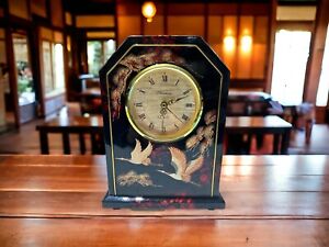 Vintage Japanese Pharmant Quartz Flying Crane Mantel Clock Orient Black Gold Red