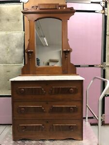 Antique Vintage Circa1880 1910 Marble Top Walnut Vanity Chest Of Drawers Reduced