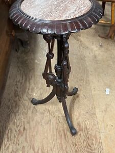 Heavily Carved Marble Top Victorian Plant Lamp Stand Pedestal Walnut Nice