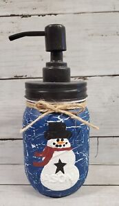 Christmas Winter Navy Blue Crackle Painted Snowman Mason Jar Soap Dispenser
