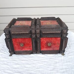 Antique Tramp Art Carved Box Highly Detailed Jewel Box Casket Wonderful Piece