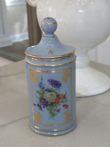 Antique Jar Pharmacy Porcelain Flowers Apothecary Gold Gilded French Blue