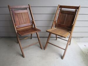 Pair Of Vintage Mid Century Wooden Slat Folding Chairs Deck Patio Fishing Decor