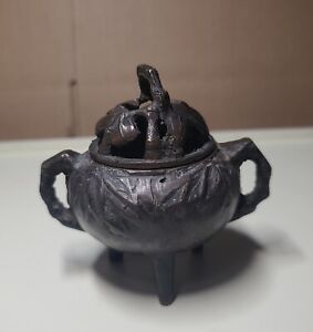 Japanese Bronze Bamboo Design Incense Burner Footed With Lid