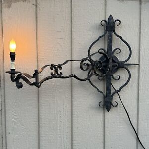 Vintage Black Wrought Iron Swinging Arm Wall Mounted Light Lamp Spanish Revival
