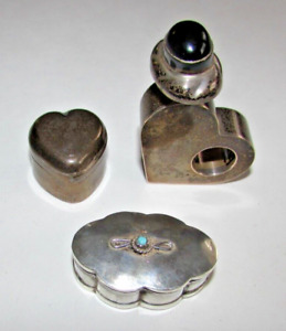 Vtg Sterling Silver Pill Box Heart Perfume Bottle Or Decanter Mexico Onyx Tc 1