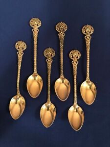 Vintage Russian Silver 916 Gold Plated Set Of 6 Coffee Spoons 1960s 