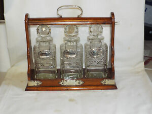 Lovely Edwardian Lockable Tantalus With 3 Decanters Silver Labels