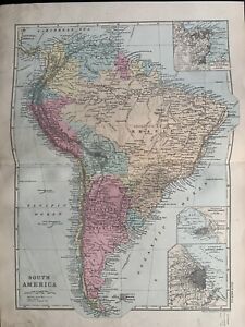 1891 South America Hand Coloured Original Antique Map By G W Bacon