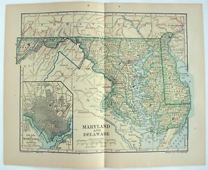 Maryland Delaware Original 1907 Dated Map By Dodd Mead Company Antique