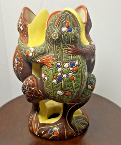 Antique Japanese Spill Dancing 3 Frogs Vase Green Brown Yellow Vintage Chips