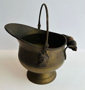 Vtg Sm Brass Coal Scuttle Bucket With Wooden Handle Fireplace 6 5 T