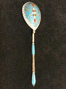 Genuine Spoon Cloisonne Enamel Silver 84 Gustav Klingert Russia Imperial Antique