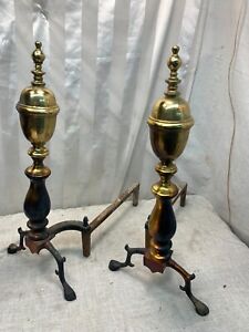 Vintage Fireplace Andirons Solid Brass Wrought Iron Gold Finish 22 X 18 