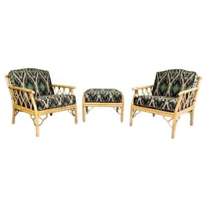 Mid 20th C Chinese Chippendale Bamboo Rattan Lounge Chairs Matching Ottoman