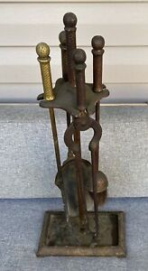 Vintage Hammered Metal Iron Fireplace Tool Set 4 Tools With Stand