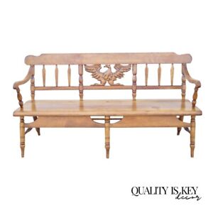 Vintage Cushman Maple Wood Settee Bench Carved Eagle Back Deacons Bench
